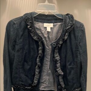 Ann Taylor Blue Jean Jacket with Ruffled Detail and Cropped Fit